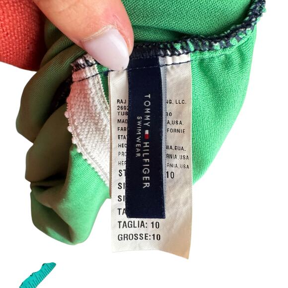 Tommy Hilfiger Navy Green Polka Dot Tie Waist Belt V-neck One Piece Swimsuit - Picture 9 of 11